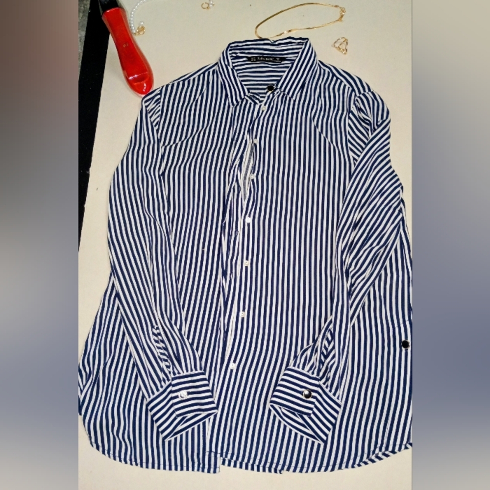 Zara Navy and White Striped Casual Shirt